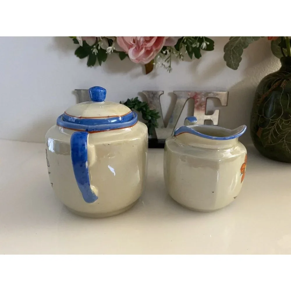 1950's Vintage Japanese Porcelain Lusterware 2 Piece Tea Set Floral Design Great